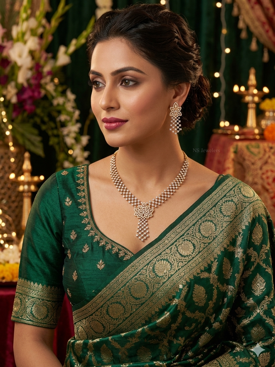 Premium Two-Tone Gold and Silver Plated Cubic Zirconia American Diamond Necklace Set with Drop Earrings.