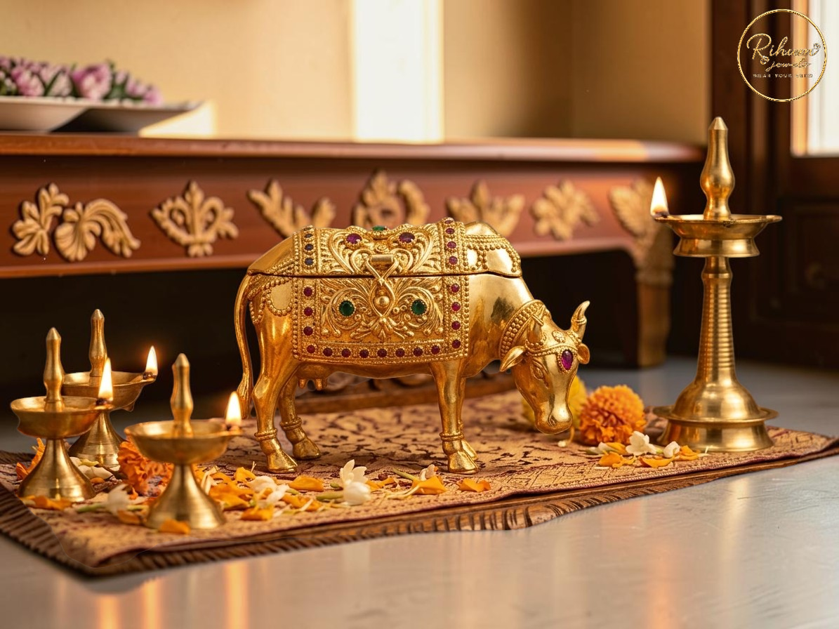 Handcrafted Gold Polish Kamdhenu Sindoor Dibbi | Antique Kumkum Box & Religious Vastu Idol.