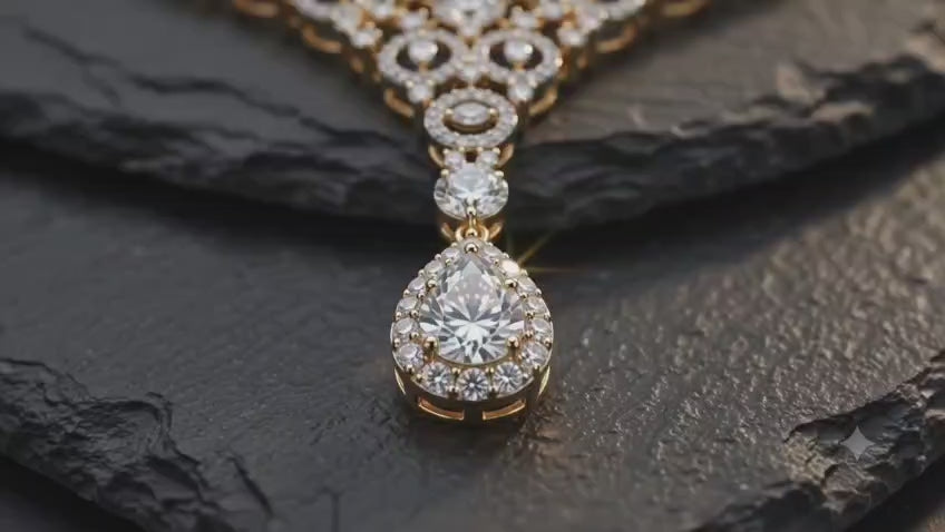 Premium Two-Tone Circular Intricate Mesh Cubic Zirconia American Diamond Choker Necklace Set with Tear-Drop Hanging Earrings