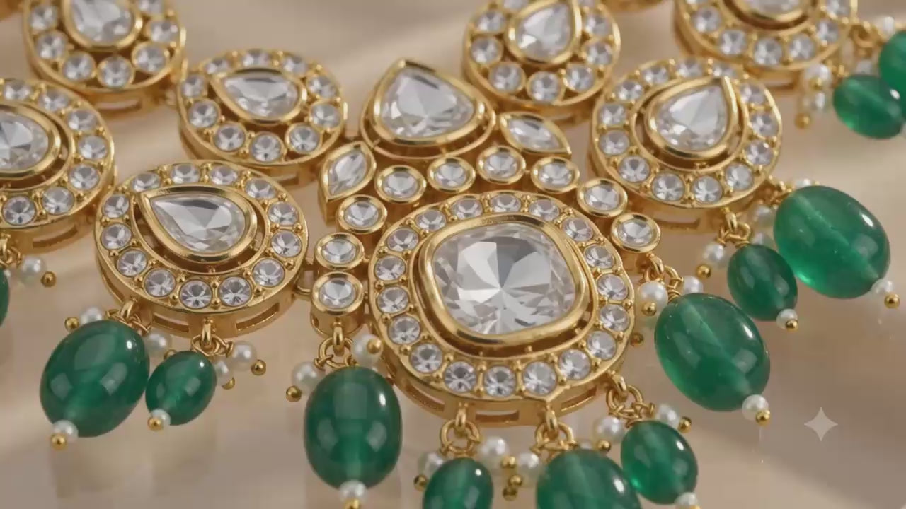 Regal Emerald Green Kundan Choker Set with Drop Earrings & Maang Tikka