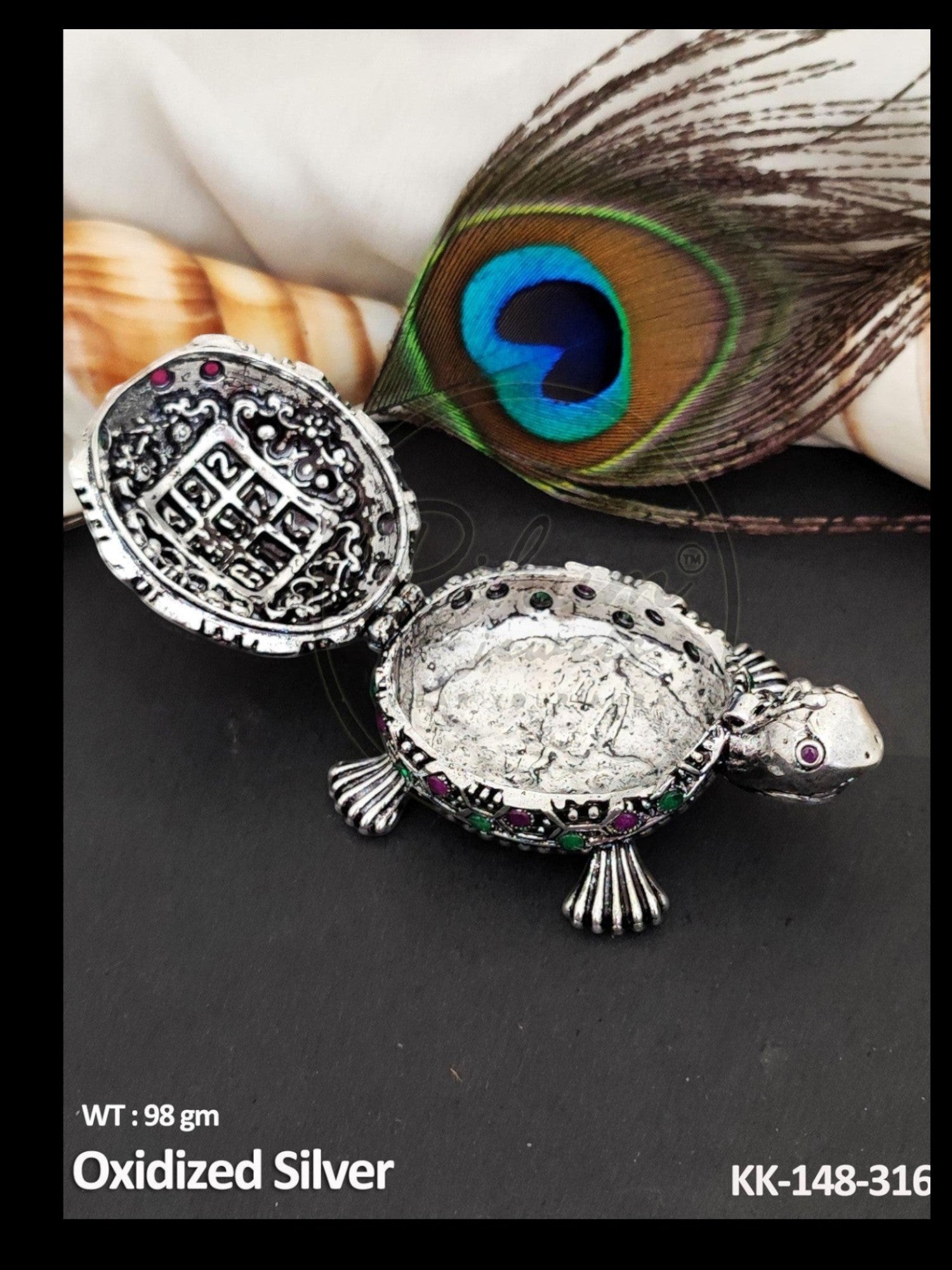 Rihum Jewels handcrafted oxidized silver tortoise sindoor box with colorful stone accents and an engraved yantra lid