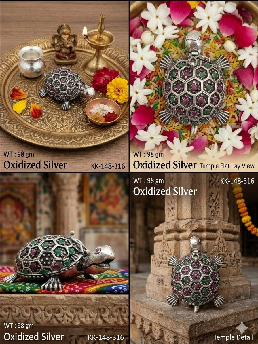 Rihum Jewels oxidized silver tortoise sindoor box with ruby and emerald stone accents for traditional Vastu home decor