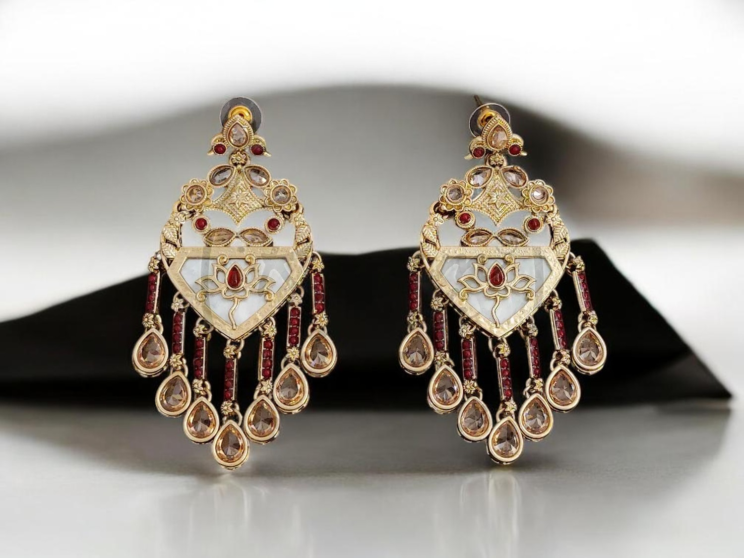 Mehndi Gold Finish Kundan & Mother of Pearl, Geometric Chandelier Dangler Earrings with Maroon Stone Accents