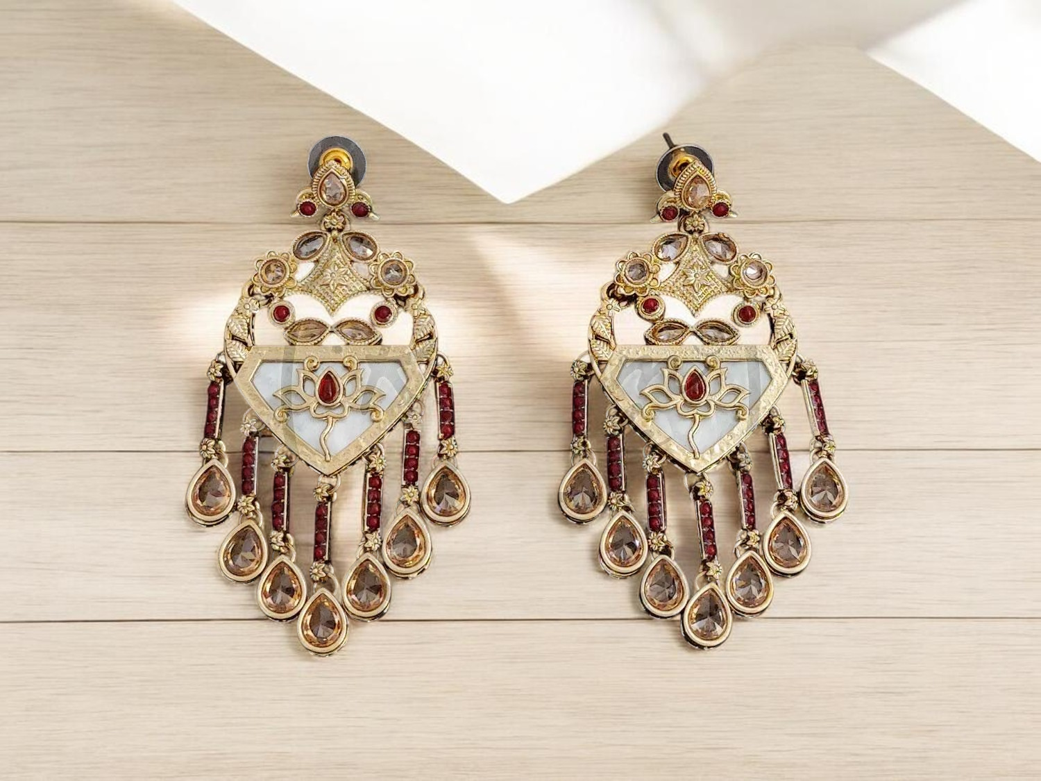 Mehndi Gold Finish Kundan & Mother of Pearl, Geometric Chandelier Dangler Earrings with Maroon Stone Accents